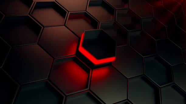 istock Dark hexagons with red light futuristic background, 3d render illustation. 1461304898