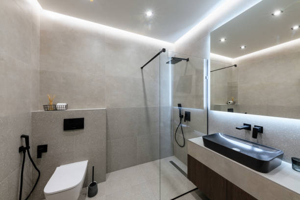 istock stylish and modern bathroom interior design with tiles and lighting 1461304946