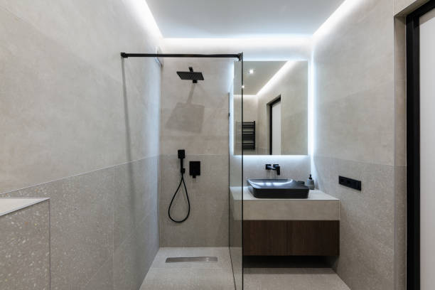 istock stylish and modern bathroom interior design with tiles and lighting 1461305003