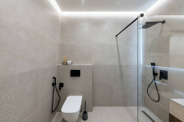 istock stylish and modern bathroom interior design with tiles and lighting 1461305082