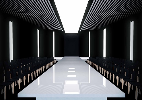 3D illustration of fashion empty runway show with spot light. before a fashion show