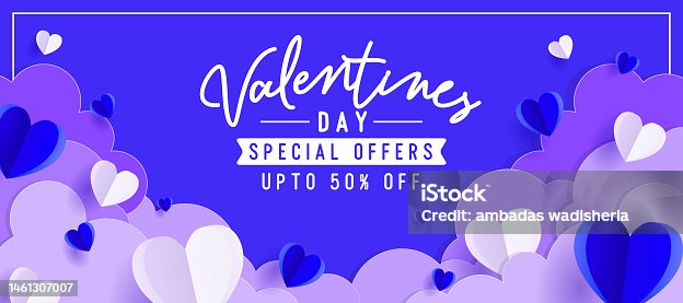 istock Valentines Day special offers upto 50% off template design with paper cut outs of clouds, sky, heart shape Concept, Logo, Template, Banner, Design, Icon, Poster, Unit, Label, Web Header, Mnemonic 1461307007