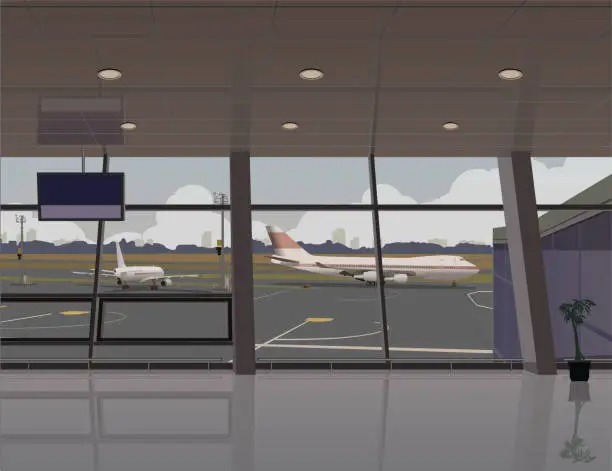 Vector illustration of View of the airfield and aircraft from the large window of the airport terminal. Vector.