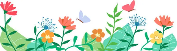 Vector illustration of field or spring garden with plants flowers and butterflies