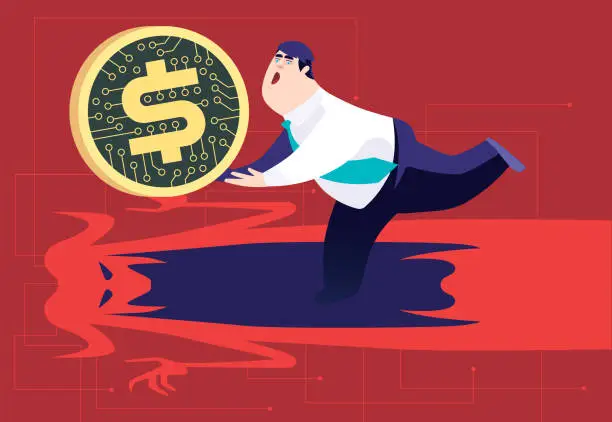 Vector illustration of businessman carrying electronic coin and stepping on devil mouth on ground