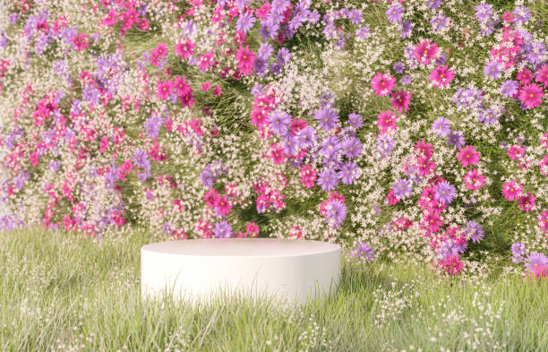 istock Natural beauty podium backdrop with spring flower field. 1461312835