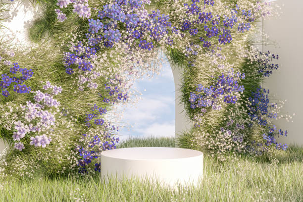 istock Natural beauty podium backdrop with spring flower field. 1461312867
