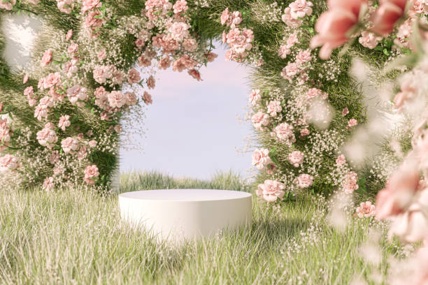 istock Natural beauty podium backdrop with spring flower field. 1461312878