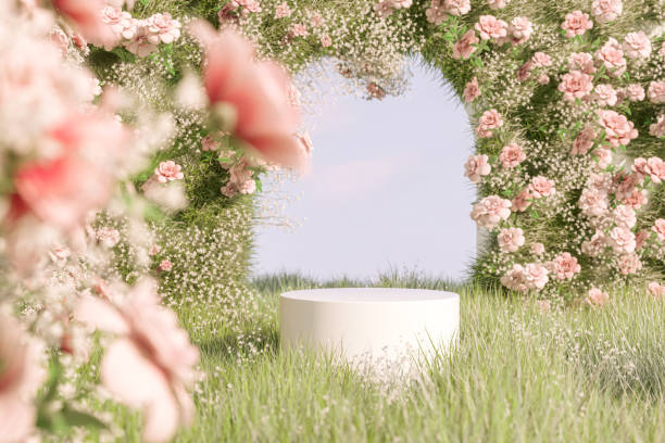 istock Natural beauty podium backdrop with spring flower field. 1461312879