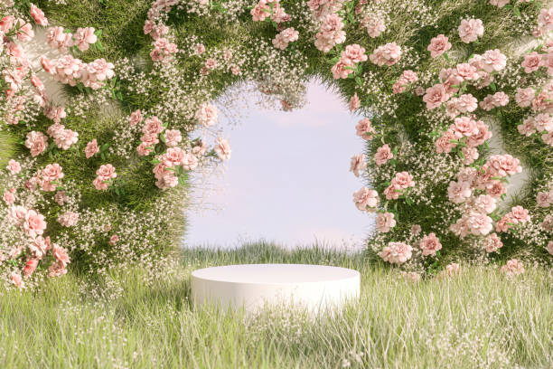 istock Natural beauty podium backdrop with spring flower field. 1461312894