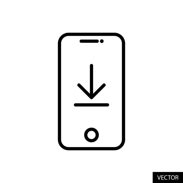 Smartphone with download button, update software, file, install app, game vector icon in line style design isolated on white background. Editable stroke. Smartphone with download button, update software, file, install app, game vector icon in line style design for website, app, UI, isolated on white background. Editable stroke. EPS 10 vector illustration. computer settings screen stock illustrations