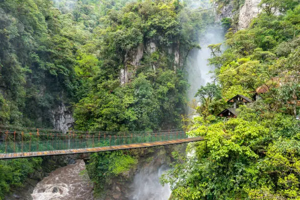 El Pailon del Diablo waterfall cascade and suspended bridge. Aerial view. Banos Santa Agua, Ecuador. South America.