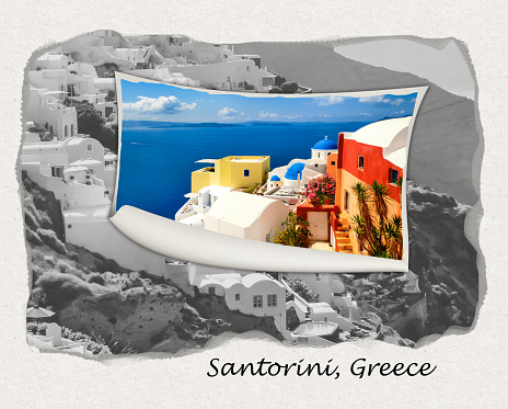 Beautiful sea view from the balcony. Oia town, Santorini island, Greece. Art design or collage