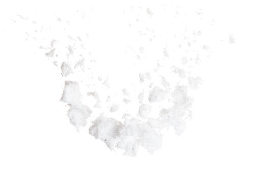 Refined Salt fly explosion, powder white salts explode abstract cloud fly. Small ground salt splash in air, food object element design. White background isolated high speed freeze motion