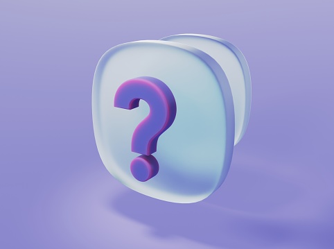 Purple color question mark in glassmorphism style on isolated background