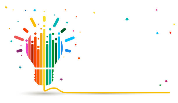 ilustraciones, imágenes clip art, dibujos animados e iconos de stock de bombilla abstracta de arco iris sobre fondo blanco. idea de bombilla de banner - tormenta de ideas