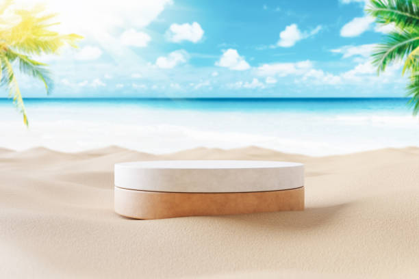 istock 3d podium with copy space for product display presentation on palm beach abstract background. Tropical summer and vacation concept. Graphic art design. 1461319433