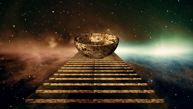 3D animation of a golden tibetan bowl on a ladder