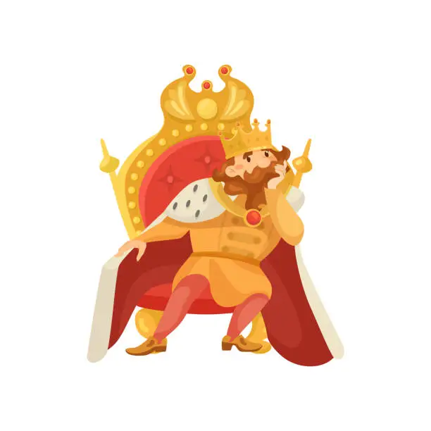 Vector illustration of Medieval king cartoon character sitting on chair flat illustration