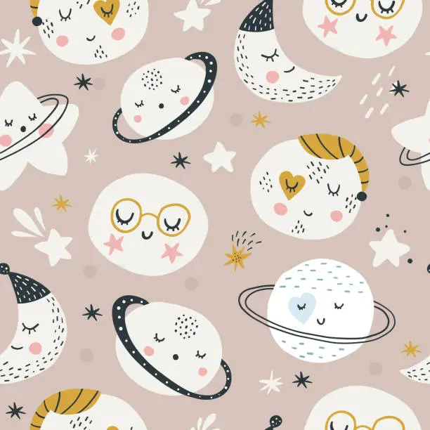 Vector illustration of Cute baby planets and stars of solar system seamless pattern. Colored flat vector illustration of cosmos background