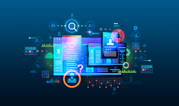 know your customer verification technology software - kyc and kyb - conceptual illustration - 監視 幅插畫檔、美工圖案、卡通及圖標