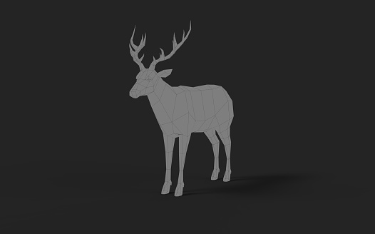 Low poly line cartoon style grey deer stag on black background modern graphic design element 3d rendering image front perspective camera view