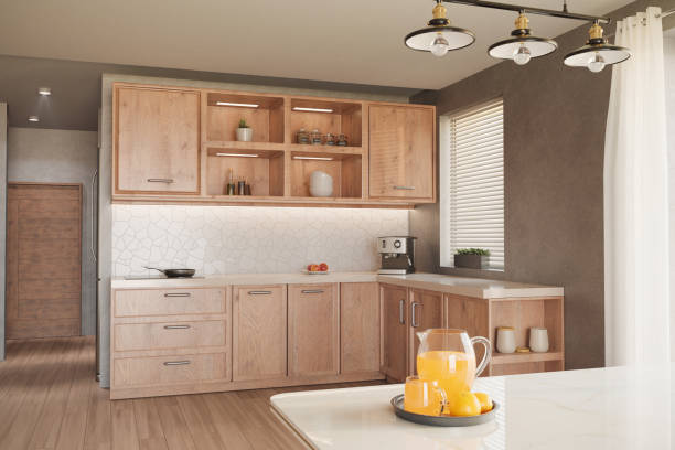 istock 3D render interior kitchen, wooden cabinets, dining table, decorations and food. realism 1461323006