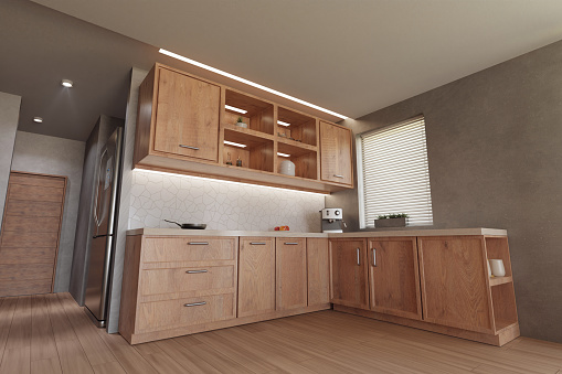 3D render interior kitchen, wooden cabinets, dining table, decorations and food. fisheye effect