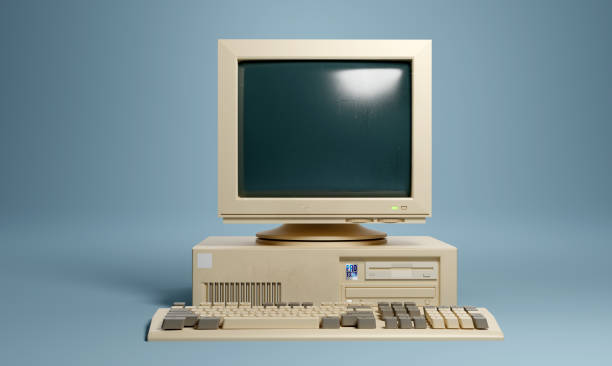 Retro 90s Beige Home PC Computer Retro 1990s style beige desktop PC computer and monitor screen and keyboard.  3D illustration. 1980 stock pictures, royalty-free photos & images