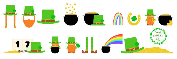 Set of Patrick's Day isolated elements. Set of Patrick's Day isolated elements. Leprechaun, leg, horseshoe, shamrock, rainbow, cauldron with coins, calendar, hat. Vector illustration. flaglets stock illustrations