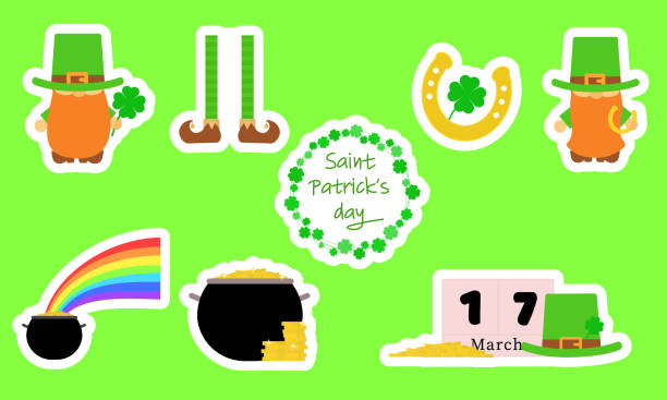 Set sticker for st. Patrick's Day. Set sticker for st. Patrick's Day.  Leprechaun, leg, horseshoe, shamrock, rainbow, cauldron with coins, calendar, hat. Vector illustration, flaglets stock illustrations
