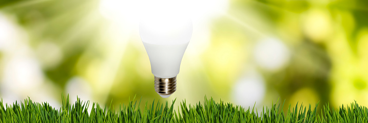 Image of burning light bulb over grass on blurred green background