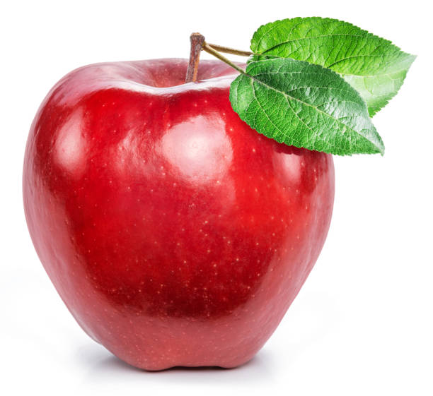 istock Perfect red apple fruit with two green leaves isolated on white background. 1461328234