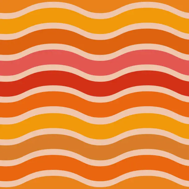 Vector illustration of Retro ombre waves seamless pattern in orange, mustard yellow, red and pink.