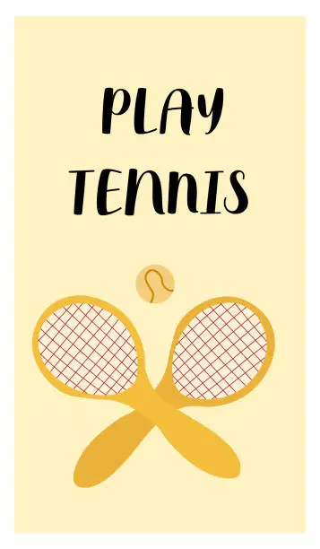 Vector illustration of Play tennis greeting card doodle cartoon style postcard in orange colors.