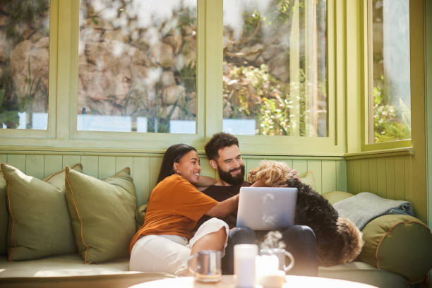 coppia sorridente che accarezza il loro cane mentre usano un computer portatile sul loro divano - computer couple laptop home interior foto e immagini stock