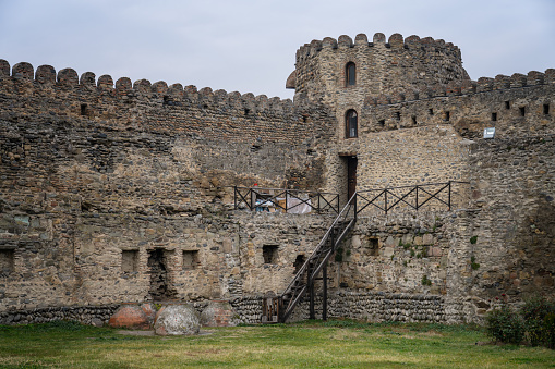 The interior with the great stairs of a medieval castle of Counts Guidi in the historic small medieval town of Poppi, Tuscany (Italy)