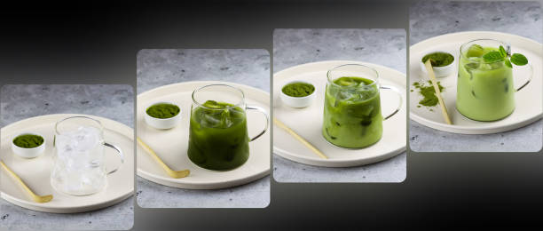 透明なグラスにピンで留められたミルク、アイスキューブ、ミントですぐに飲める強壮剤として提供する抹茶ラテを準備します。緑茶葉の粉末を挽いた抗酸化抹茶飲料 - green tea ice tea ice cube mint ストックフォトと画像