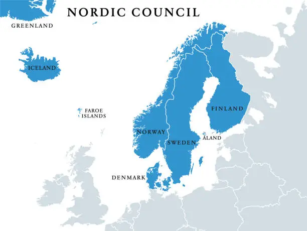 Vector illustration of Nordic Council members, Nordic countries cooperation, political map