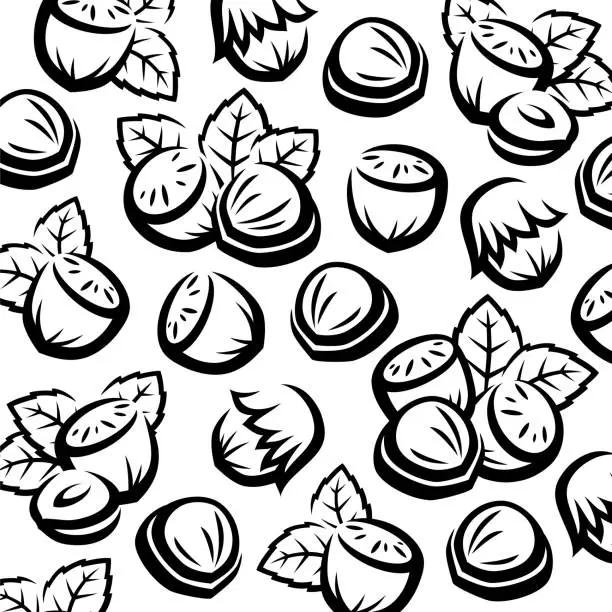 Vector illustration of Hazelnut nuts pattern background set. Collection icons hazelnut nuts. Vector