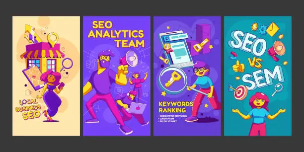 Vector illustration of Keywords ranking, SEO analytics team and local SEO