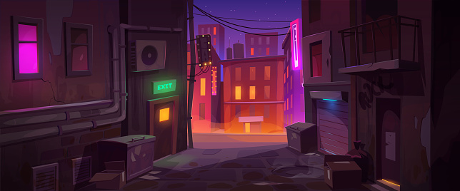 Dark dirty corner at night city with back exit door, litter bins and scatter garbage on narrow street with old buildings and view on colorful light road, town landscape Cartoon vector illustration