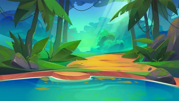 Vector illustration of Tropical jungle forest swamp or lake landscape