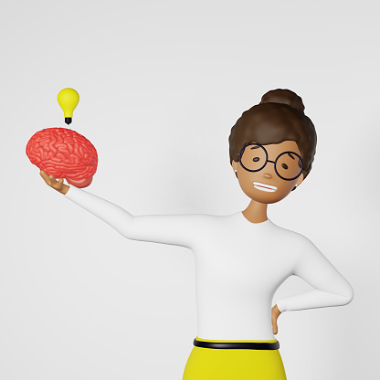 African American girl human brain white background 3d rendering. Insight Creative idea Artificial intelligence.Language Learning Skills Mental health Memory improvement Education Cognitive development