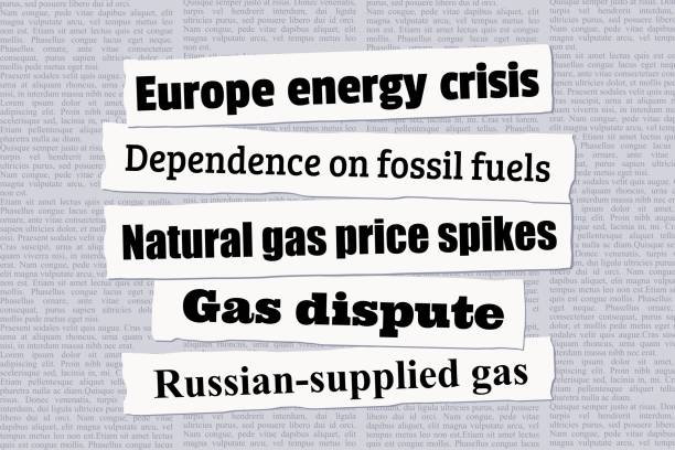 Europe energy crisis Europe energy crisis news headlines. Newspaper clippings about natural gas crisis and dependency on fossil fuels. cutting stock illustrations