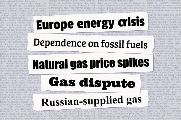 Europe energy crisis Europe energy crisis news headlines. Newspaper clippings about natural gas crisis and dependency on fossil fuels. newspaper titles stock illustrations