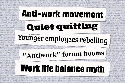 Anti-work movement news headlines. Newspaper clippings about young people quitting jobs.