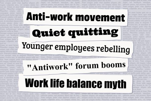 Anti-work employee riot Anti-work movement news headlines. Newspaper clippings about young people quitting jobs. newspaper headline stock illustrations