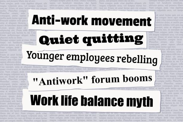 Anti-work employee riot Anti-work movement news headlines. Newspaper clippings about young people quitting jobs. newspaper titles stock illustrations