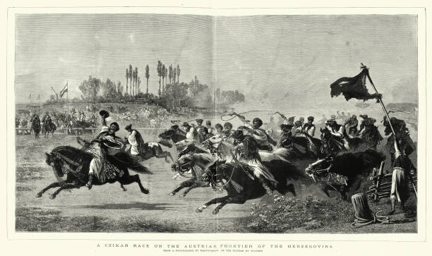 ilustraciones, imágenes clip art, dibujos animados e iconos de stock de carrera de caballos czikar, frontera austríaca de herzegovina, década de 1870, historia del deporte, carreras - wrexham